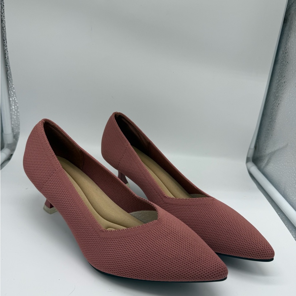 Women Shoes Knitting Fabric Pointy Kitten Heels Pumps Black Walking Work